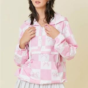 NWT Main Strip Pink Coquette Checker Ribbon Print Windbreaker Size L